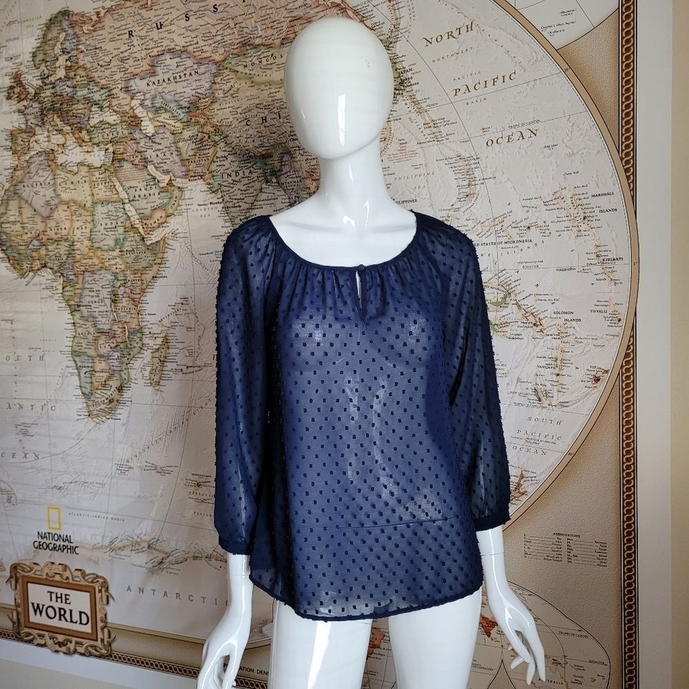 Cynthia Rowley sheer navy flowy blouse round neckline tufted dot fabric boho S